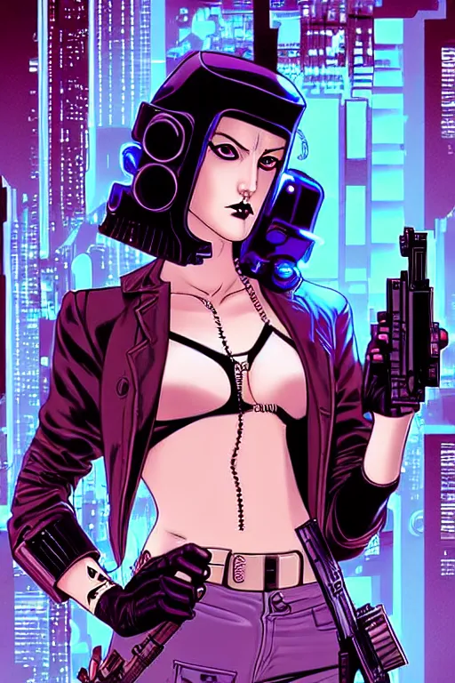 Image similar to comic cover art of a cyberpunk ( flapper girl ) holding a revolver, inspired by gunsmith cats and sin city, by jenny frison and sana takeda, intricate details, stunning inking lines, stunning gradient colors, 4 k, hd, artstation