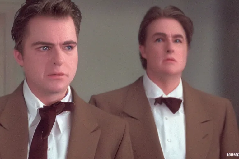 Prompt: cinematic still of chubby clean-shaven white man wearing chocolate brown suit and necktie in Casper (1995), XF IQ4, f/1.4, ISO 200, 1/160s, 8K, RAW, dramatic lighting, symmetrical balance, in-frame