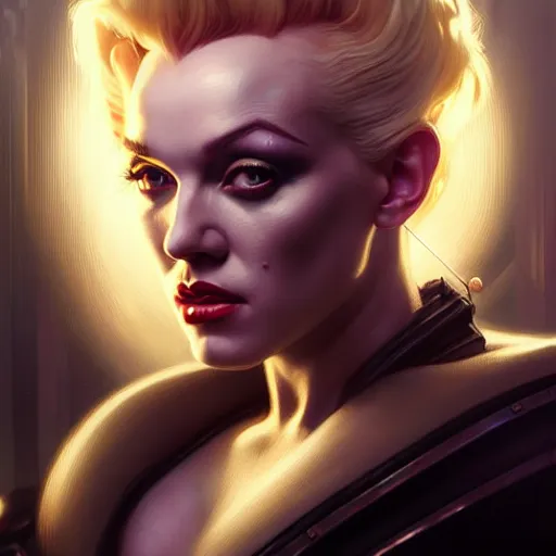 Prompt: portrait painting of a cyberpunk dwarven decker who looks like marilyn monroe, ultra realistic, concept art, intricate details, eerie, highly detailed, photorealistic, octane render, 8 k, unreal engine. art by artgerm and greg rutkowski and charlie bowater and magali villeneuve and alphonse mucha