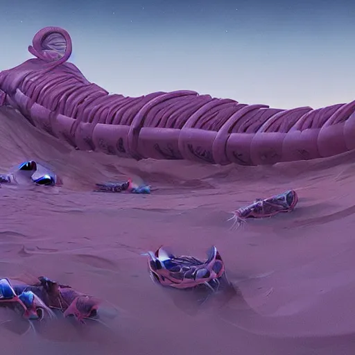 Image similar to A sandworm from Dune, painted by Simon Stalenhag