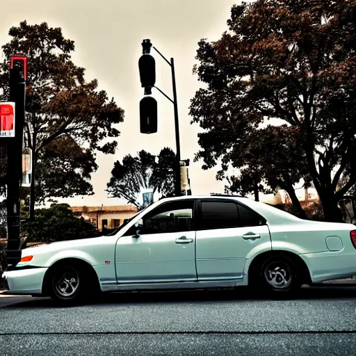 Image similar to deathclaw behind the wheel, subaru, street lighting, downtown environment, wide lens, 2 4 mm, street lamps