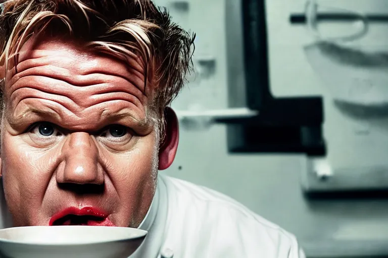 Prompt: closeup potrait of gordon ramsay vomiting on the set of masterchef, screen light, sharp, detailed face, spewing vomit, magazine, press, photo, Steve McCurry, David Lazar, Canon, Nikon, focus