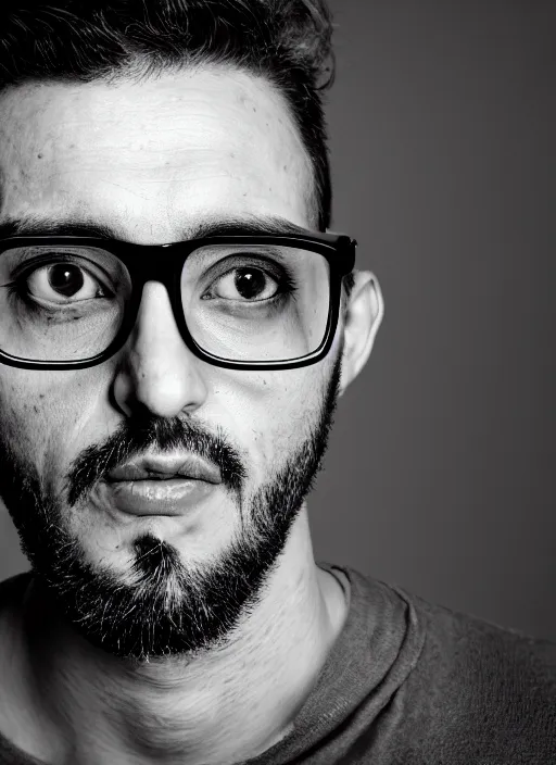 Prompt: black and white profile photo, studio photograph of a male handsome andrea belluci wearing glasses the painter artist, anxiety and depression, intricate, elegant, highly detailed, hyper realistic, dark background, flickr, smooth, sharp focus, shot by canon
