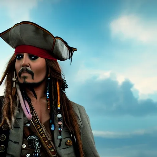 Image similar to donald trump cast as captain jack sparrow, still from pirates of the caribbean movie, hyperrealistic, 8 k, octane render,