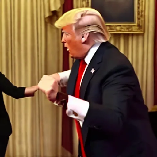 Image similar to donald trump fistfighting hillary clinton, cinematic