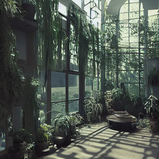 Image similar to 70s interior with arched windows, natural sunlight, summer, hanging plants, cinematic, cyberpunk, lofi, calming, dramatic, fantasy, by zdzisław beksiński, Fantasy LUT, high contrast, epic composition, sci-fi, dreamlike, surreal, angelic, cinematic, 8k, unreal engine, hyper realistic, fantasy concept art,