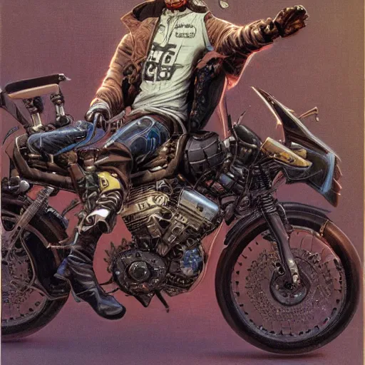 Prompt: a cyberpunk cowboy fully decked out in his cowboy hat, holsters, boots and spurs, sitting on a high tech motorbike, artwork by wayne barlowe