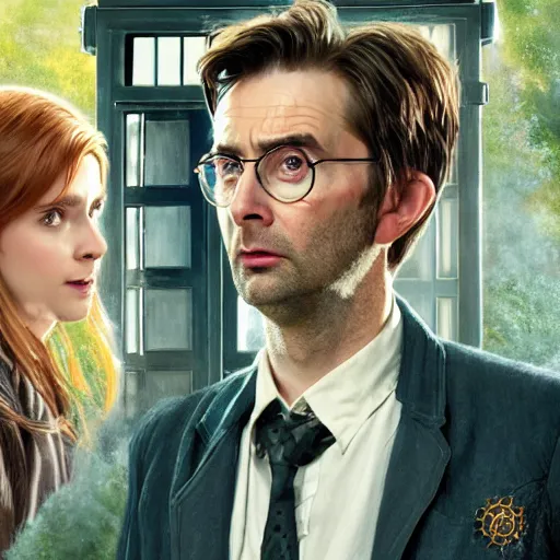 Prompt: david tennant as tenth doctor who and hermione granger in tardis, highly detailed, artstation, concept art, fantasy, smooth, sharp focus, illustration, perfect face, art by nikolay makovsky, jacek malczewski, arthur hughes, edward okun, franz xaver winterhalter