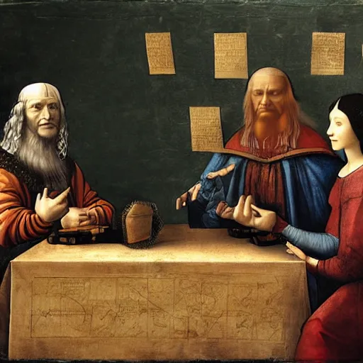Image similar to leonardo davinci and the shredder hosting a podcast, intricate, highly detailed, comic book and renaissance art style, 4 k, concept art, table with microphones