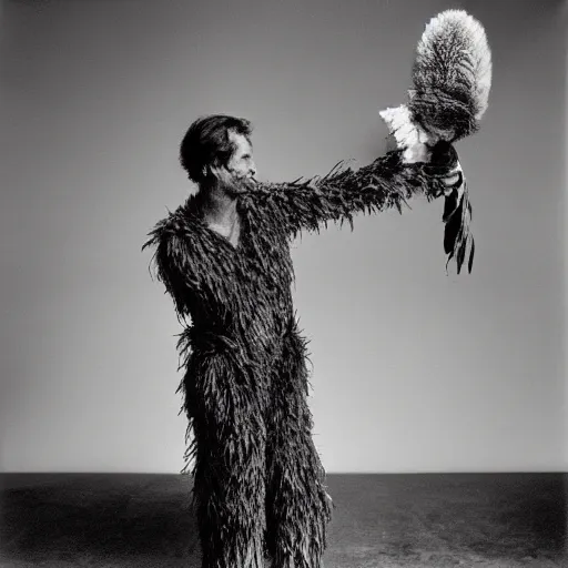 Image similar to a feathered man holding a log, large format film photo by richard avedon