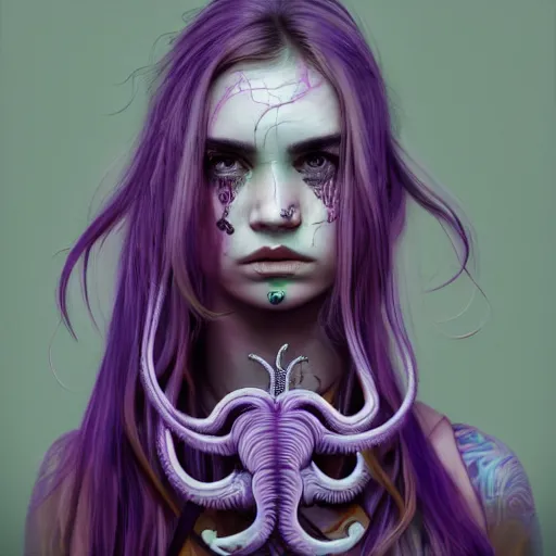 Image similar to detailed photo portrait of a furious teen girl with thin, hair-like purple tentacles on her head and bright purple eyes, 8k,by tristan eaton, Stanley Artgermm,Tom Bagshaw,Greg Rutkowski,Carne Griffiths,trending on DeviantArt, face enhance,hyper detailed ,full of colour, dramatic lightning