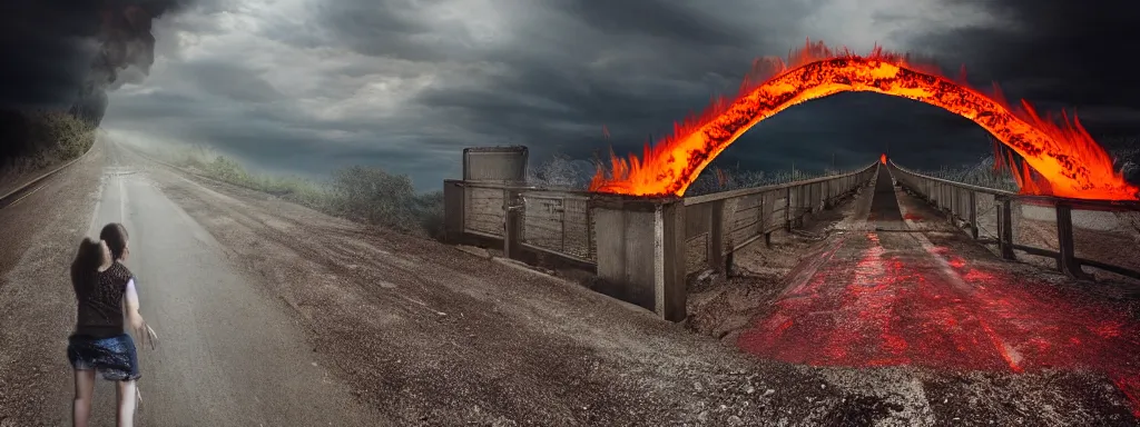 Image similar to Long bridge to hell, dslr, hyper realistic, photojournalism, scary, firey, disturbing