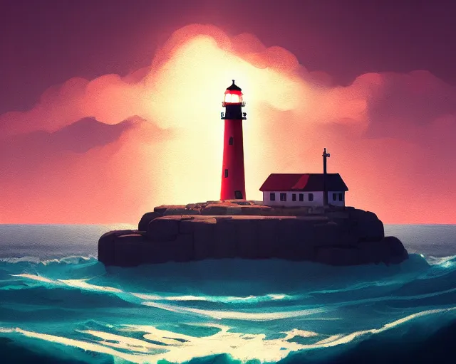 Image similar to painting of lighthouse in the sea by goro fujita, makoto shinkai, simon stalenhag, cinematic shot, exquisite lighting, clear focus, brush stroke, plain background, soft painting