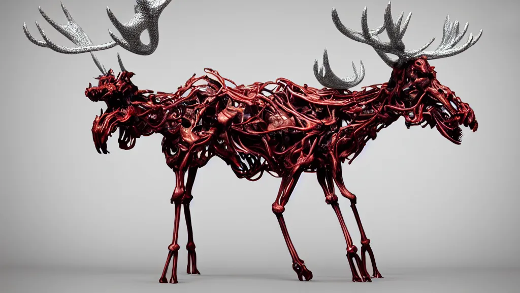 Image similar to stylized shiny polished silver statue full body bizarre extra limbs cosmic horror quadruped animal moose deer skull four legs made of creature tendrils perfect symmetrical body perfect symmetrical face hyper realistic hyper detailed by johannen voss by michelangelo octane render blender 8 k displayed in pure white studio room anatomical deep red arteries veins flesh animatronic