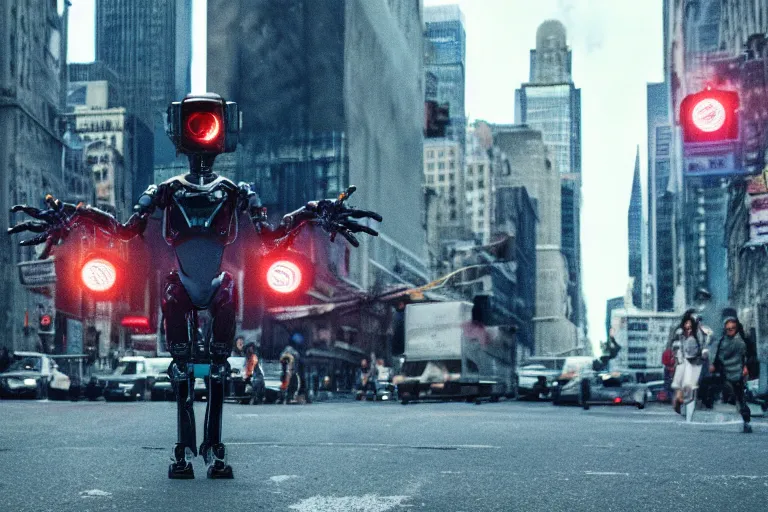 Prompt: VFX movie of a flying dark futuristic robot cyborg superhero with 6 arms levitating on New York street, atmospheric , by Emmanuel Lubezki