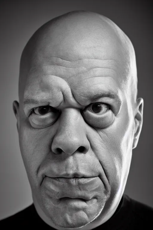 Image similar to studio portrait of man that looks excactly like homer simpson, lookalike, as if homer simpson came to life, soft light, black background, fine skin details, close shot, award winning photo by eolo perfido