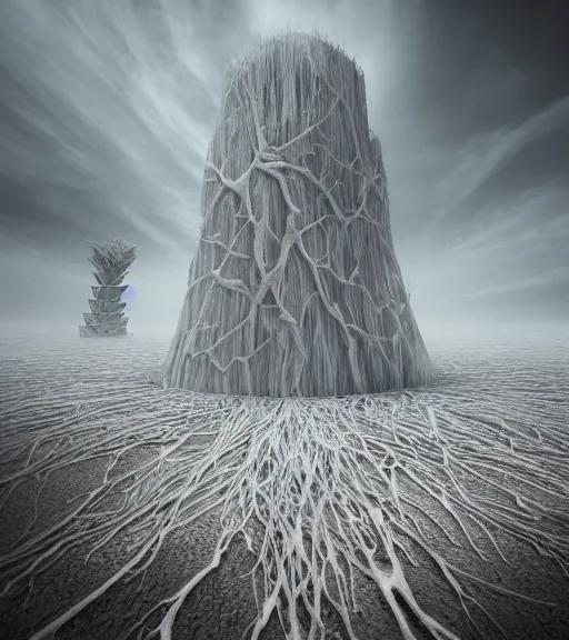 Image similar to surreal tower made of white crystalized aerial veins, inverted white roots in the floor, in the desert, foggy sky, dark night, octane render, unreal engine, pale colors, high detail, 8 k, wide angle, trending on artstation, behance