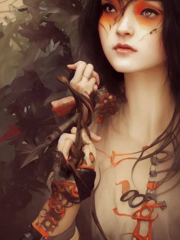 Image similar to Full shot of a mischievous young witch about to get up to some trouble. Latin American fashion. Black and Orange palette. Latina girl. brown skin. defined facial features, symmetrical facial features. By Ruan Jia and Artgerm and Range Murata and WLOP and Ross Tran and William-Adolphe Bouguereau. Key Art. Fantasy Illustration. award winning, Artstation, intricate details, realistic, Hyperdetailed, 8k resolution.