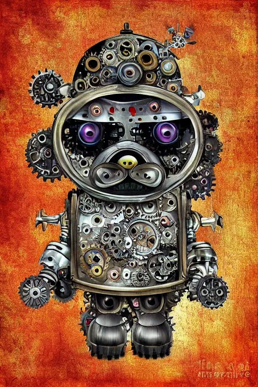 Prompt: robot pug, made of cogs, fairytale, magic realism, steampunk, mysterious, vivid colors, by amanda clarke