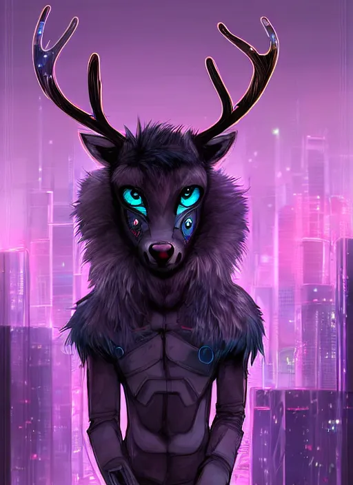 Image similar to award winning beautiful portrait commission of a male furry anthro Black Reindeer cyberpunk fursona with a tail, wings, wings, wings and a cute beautiful attractive detailed furry face wearing stylish black and rainbow galaxy clothes, outline, in a cyberpunk city at night while it rains. Character design by charlie bowater, ross tran, artgerm, and makoto shinkai, detailed, inked, western comic book art