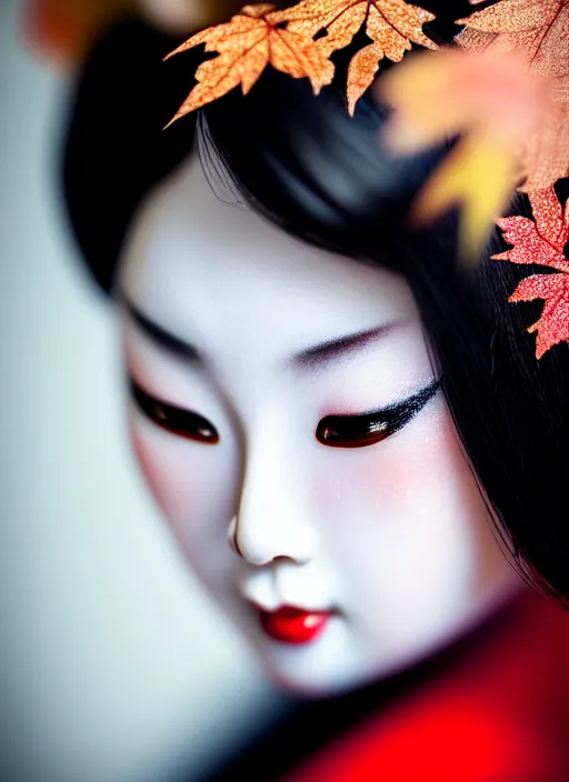 Image similar to Geisha extreme closeup photo portrait, beautiful pale makeup, pearlescent skin, elegant pose, very detailed, highly detailed kimono, photorealism, artstation, different point of view, sharp focus, photorealistic, soft diffuse autumn lights, some sunlight ray, dark room wall, canon 5D 50 mm lens, zen natural background