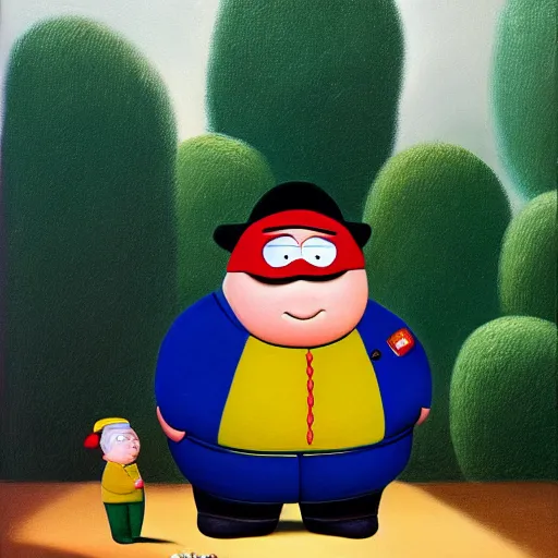 Image similar to a fernando botero painting of eric cartman, oil on canvas, art