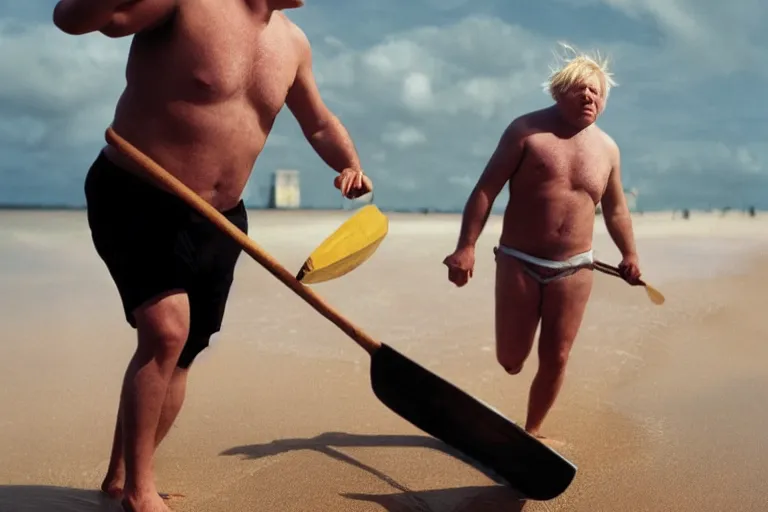 Prompt: closeup portrait of boris johnson at the beach moving britain with an oar, natural light, sharp, detailed face, magazine, press, photo, steve mccurry, david lazar, canon, nikon, focus