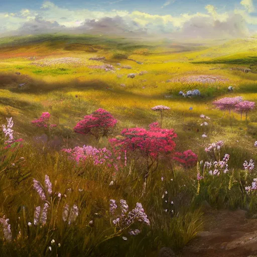 Image similar to a matte painting of a european prairie, patchy flowers and jagged rocks, oil painting, pale colors, high detail, 8 k, wide angle, trending on artstation,