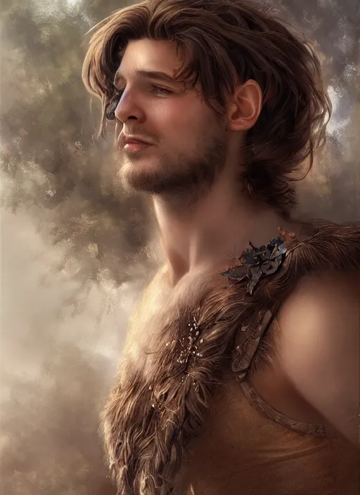 Prompt: a relaxed gorgeous male druid in a sleeveless west, short brown hair, stringy, full body, 8 k, hyperrealistic, hyperdetailed, fantasy portrait by laura sava