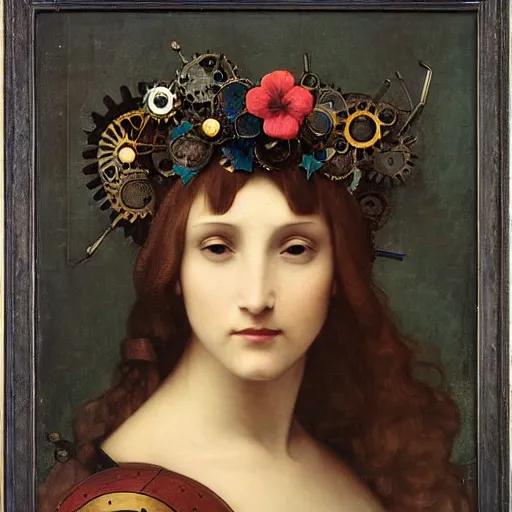 Prompt: portrait of a beautiful young cyborg woman with a big steampunk flower crown and part mechanical face , Metropolis, by Leonardo Da Vinci in the style of Bouguereau