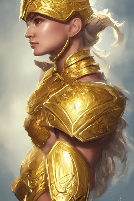 Image similar to three-quarters portrait pose of a beautiful woman, strong body, shining gold armor, human warrior, fantasy, intricate, elegant, highly detailed, digital painting, artstation, concept art, matte, sharp focus,D&D, illustration, art by Stanley Lau