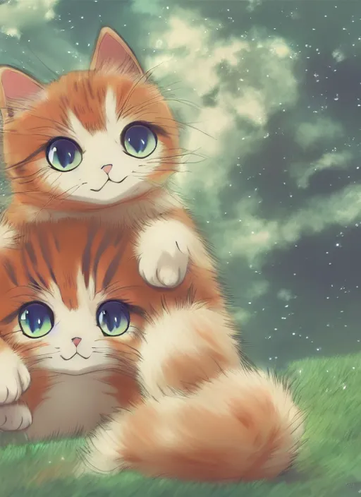 Image similar to cute cat anime wallpaper, 4k, high details, trending on Artstation , art by Studio Ghibli