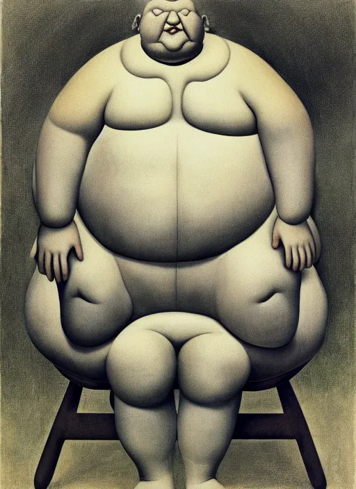 Prompt: fat man sitting on chair, sweat, fat, frustrated, art by gertrude abercrombie and hans bellmer and william blake