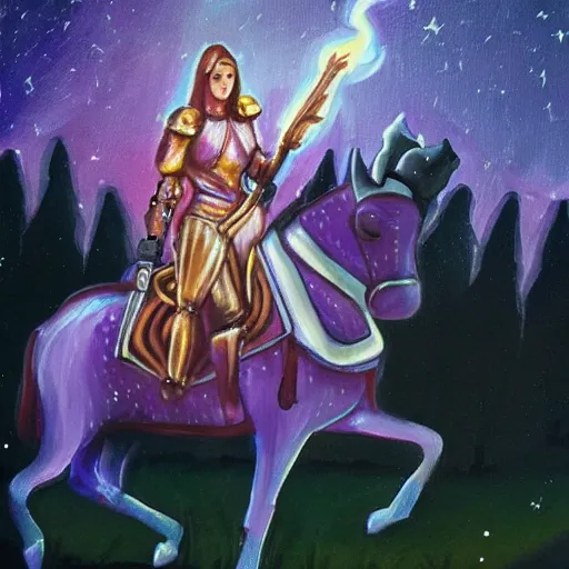 Image similar to female knight riding a horse, holding a violet torch that lights up the dark forest during the night painting