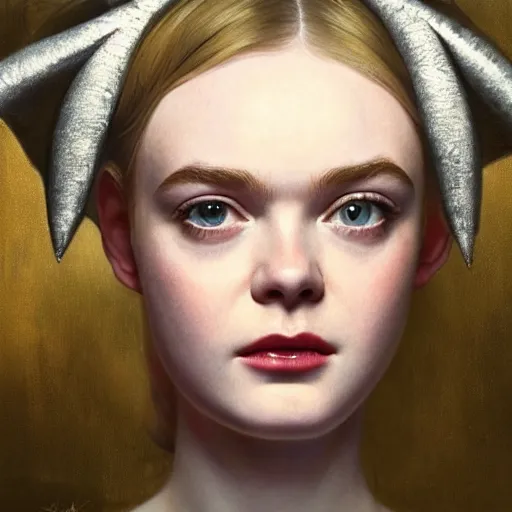 Image similar to Elle Fanning with devil horns in the style of Paola Vetri, head and shoulders portrait, stormy weather, extremely detailed masterpiece, oil on canvas, low-key neon lighting, artstation, Blade Runner 2049, Roger Deakin’s cinematography, by J. C. Leyendecker and Peter Paul Rubens and Edward Hopper and Michael Sowa,