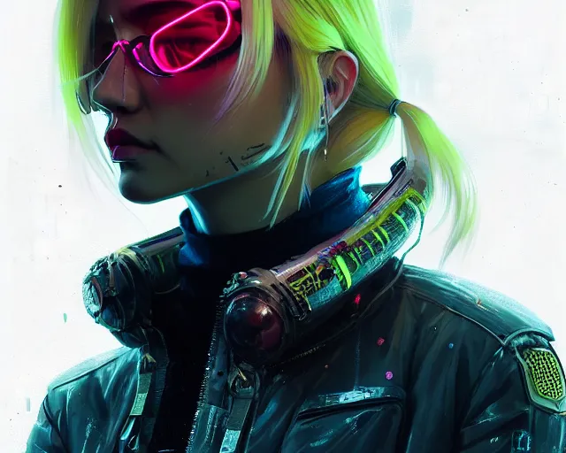 Prompt: detailed portrait neon operator lady, blonde straight hair, cyberpunk futuristic, neon, reflective puffy coat, decorated with traditional japanese by ismail inceoglu dragan bibin hans thoma greg rutkowski alexandros pyromallis nekro rene margitte, illustrated, perfect face, fine details, realistic shaded, fine - face, pretty face