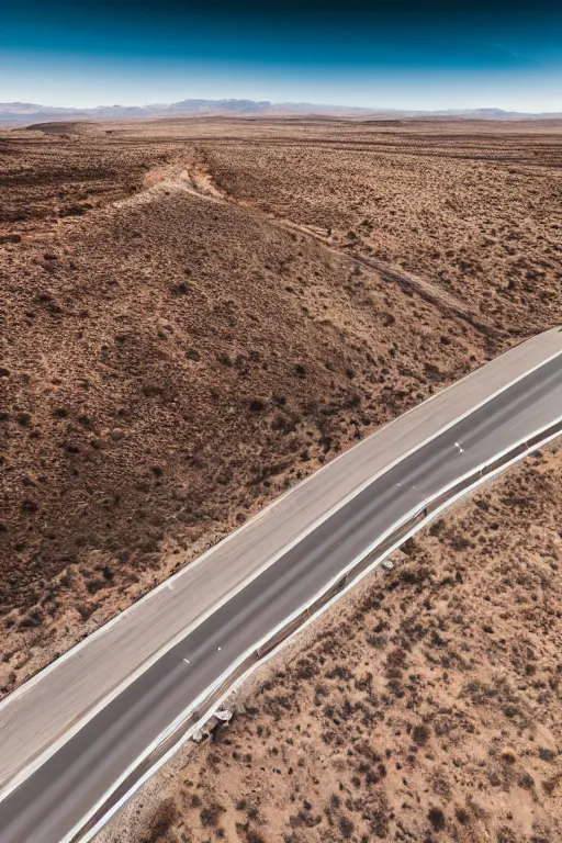 Prompt: Drone Photo of a Porsche 911 Carrera 3.2 on a wide winding road, volumetric lighting, Desert, summer, Cinematic, award winning.