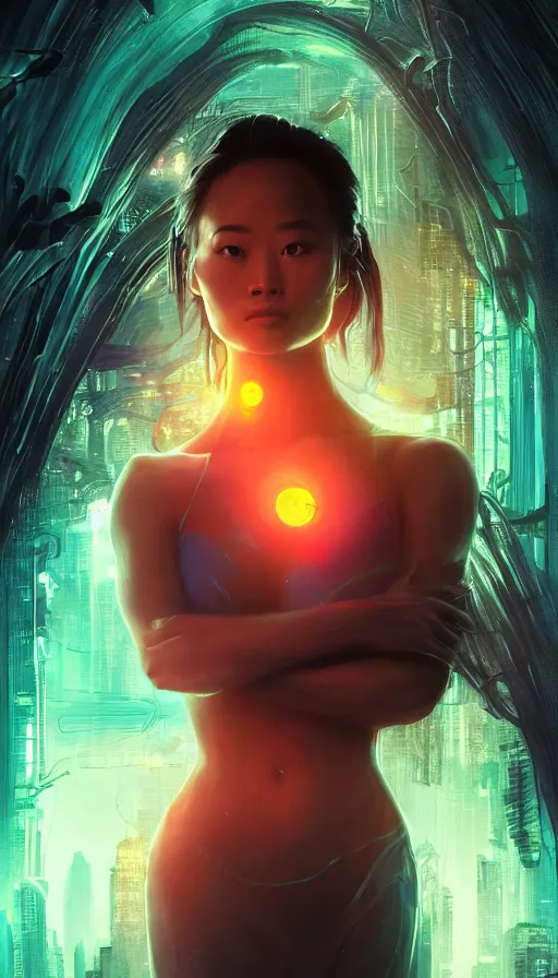 Image similar to altered carbon, jamie chung, neon, dreamy vibe, fibonacci, sweat drops, insane intricate, highly detailed, cinematic, atmospheric. digital painting, artstation, concept art, smooth, sharp focus, illustration, unreal engine 5, 8 k, art by artgerm and greg rutkowski and alphonse mucha, laura sava, laura palmer