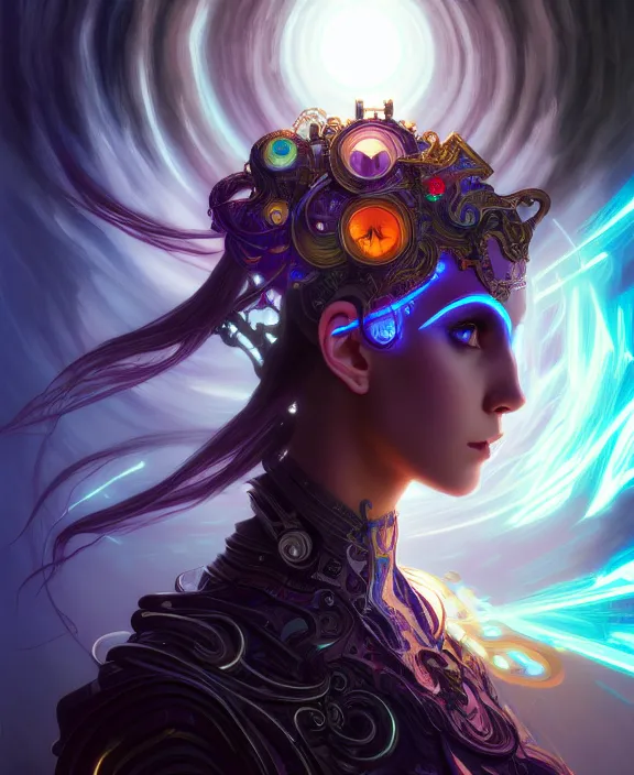Prompt: a whirlwind of souls rushing inside the metaverse, half body, glowin eyes, tiara, pharaoh, android, cyborg, cyberpunk face, by loish, d & d, fantasy, intricate, elegant, highly detailed, colorful, digital painting, artstation, concept art, art by artgerm and greg rutkowski and alphonse mucha and ruan jia