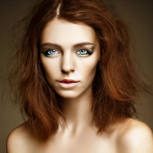 Image similar to photograph of a cute woman with bronze brown hair and vivid green eyes, light makeup, golden hour, 8k, photographed by Erwin olaf