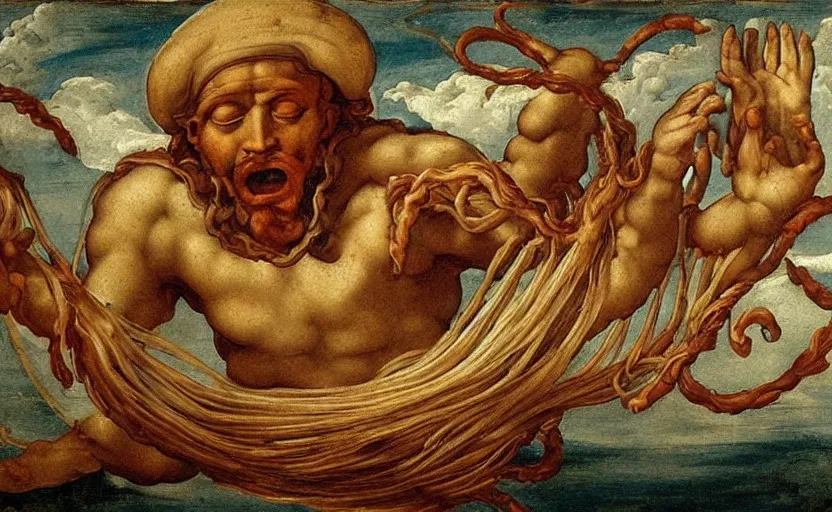 Image similar to The flying spaghetti monster. By Michelangelo (1564). Expert fresco painting.