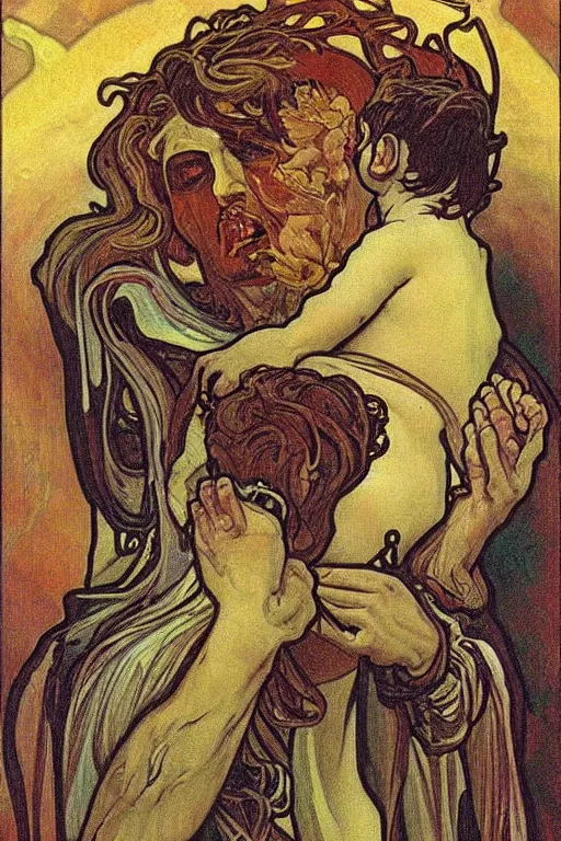 Prompt: saturn devouring his son, beautiful dark art, painting by alfons mucha