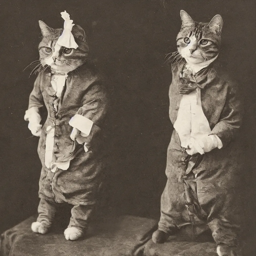 Image similar to a male cat dressed in a victorian era dress