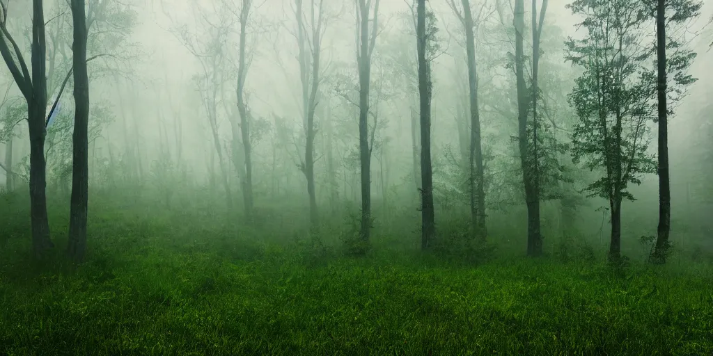 Prompt: calming fog over the woods on a mountain, green, photorealistic