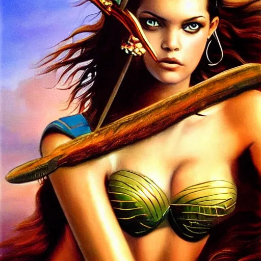 Prompt: barbara palvin supermodel posing as an amazon with a sword painted by boris vallejo, 1 9 9 0 style, full body, volcano in the background, highly detailed, airbrush painting