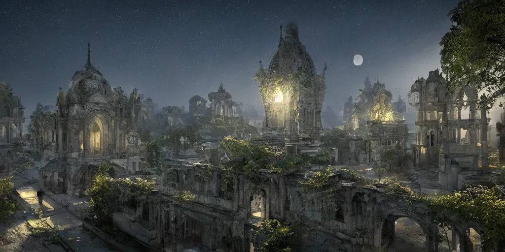 Image similar to A landscape of a forgotten city in the nature. shining, antic city architecture, nature, magical atmosphere, very very very beautiful, Intricate detailed, octane render, unreal engine, ultra detailled, ultra realistic, 4k, 8k, night time, full moon, glowing