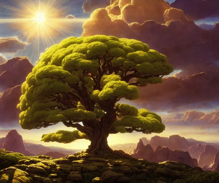 Prompt: the vast glowing ancient world tree, the tree of life in bloom on a mountaintop, dramatic clouds, super clear very sharp realistic fantasy landscape illustration in a muted color palette, by rockwell kent and ludvig deutsch and martin johnson heade and howard pyle and erin hanson, god rays, beautiful flowers, 8 k, cryengine octane, artstation