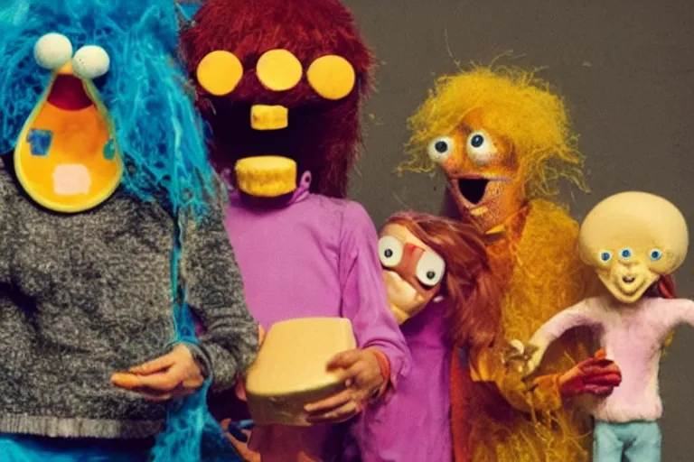 Prompt: a glitchy full color still from a weird live action 1 9 7 3 kids show about cheese death, puppets, fuzzy ghost, grunge, horror