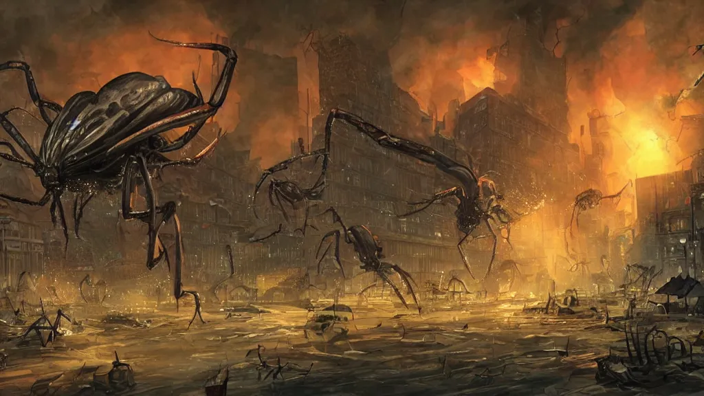 Image similar to concept art of giant bugs destroying a city