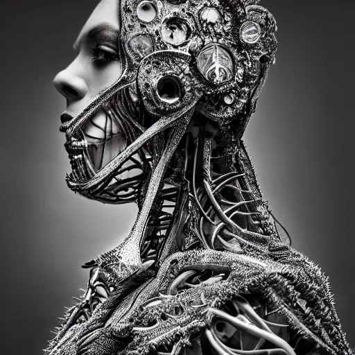 Image similar to a female model by stefan geselle and nekro borja, photorealistic, biomechanical, crystals, intricate details, hyper realistic, ornate headpiece, dark beauty, photorealistic, canon r 3, photography, wide shot, photography, dark beauty, symmetrical features